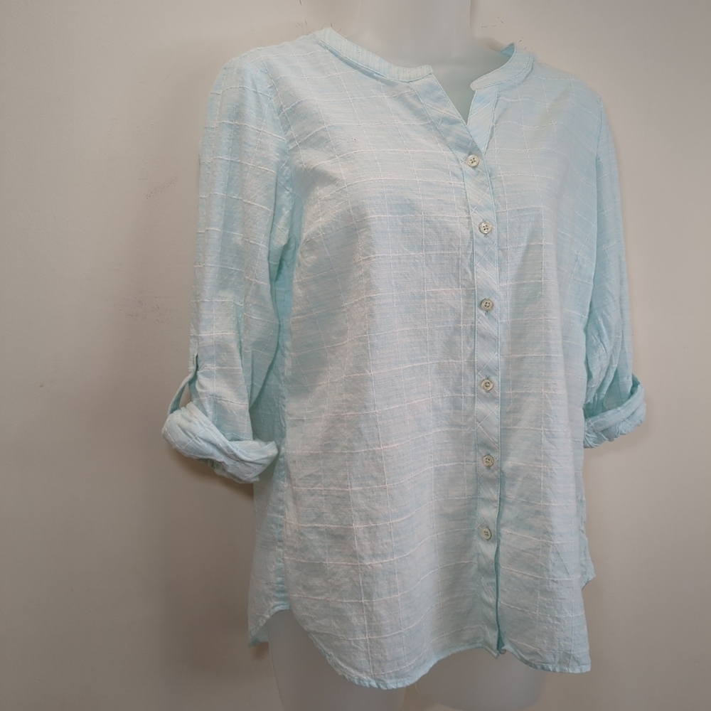 Talbots women's petite long sleeve button up blue and white blouse, size LP